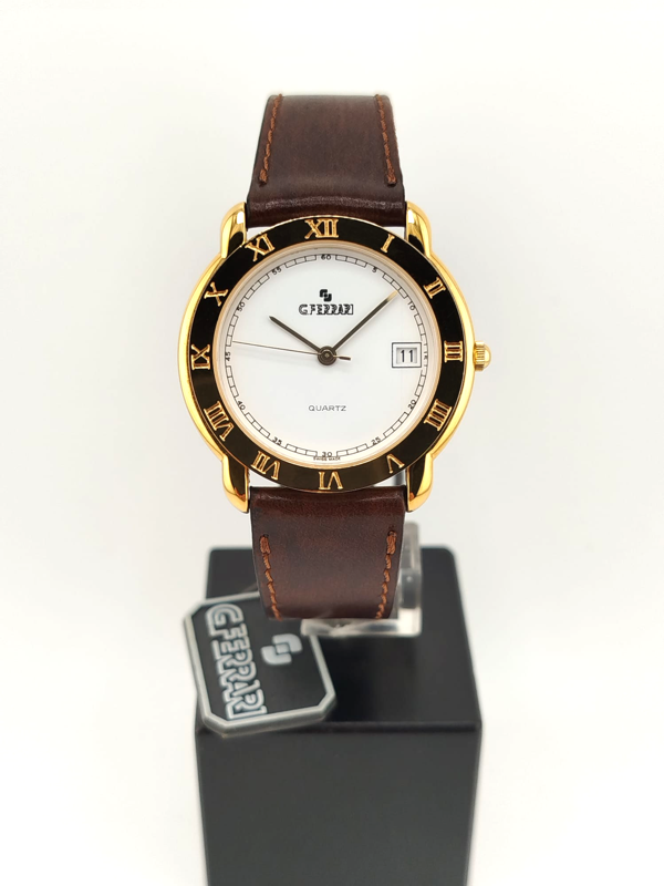 G. Ferrari Quartz Cassa Gold, Quadrante Bianco, Numeri Romani, Swiss Made NOS