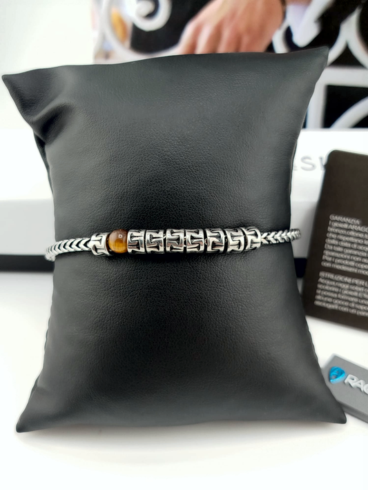 Aragonesi Santiago BR3605 – Bracciale Uomo in Acciaio 316L maglia intrecciata brunita e una sfera in agata occhio di tigre.