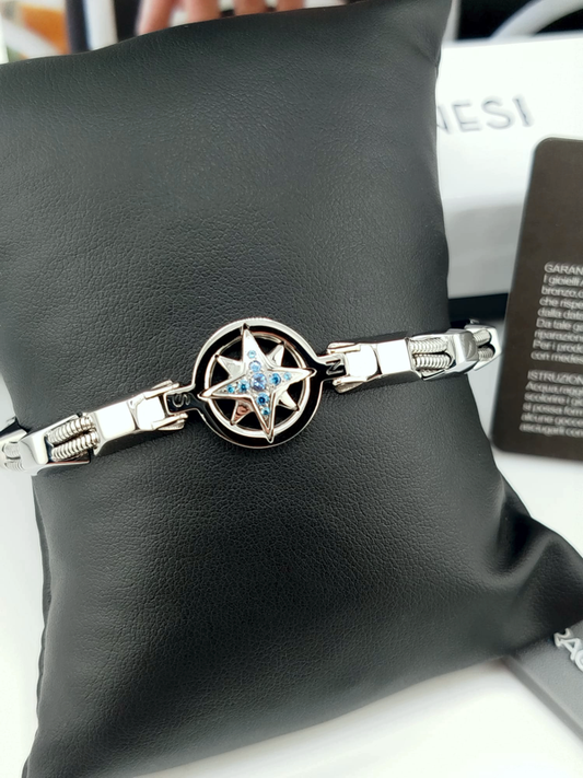 Aragonesi Columbus BR2110 – Bracciale Uomo Acciaio 316L Rosa dei Venti zirconi blu