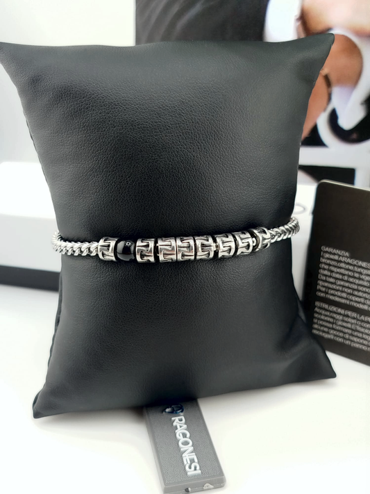 Aragonesi Santiago BR3603 – Bracciale Uomo Acciaio 316L Brunito & Agata Nera | Nuovo