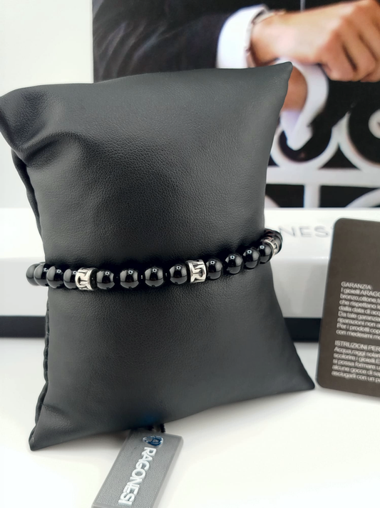 Aragonesi Santiago BR3606 – Bracciale Uomo Sfere Agata Nera Acciaio 316L | Nuovo