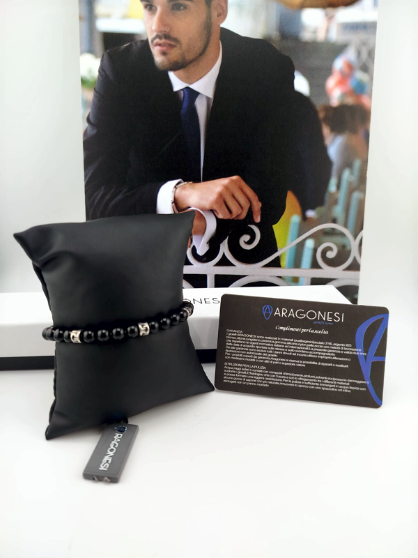 Aragonesi Santiago BR3606 – Bracciale Uomo Sfere Agata Nera Acciaio 316L | Nuovo