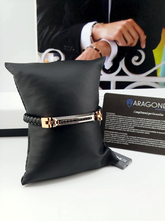 Aragonesi Bracciale Uomo in Pelle e Acciaio 316L con Zirconi Neri e Rubino | Nuovo