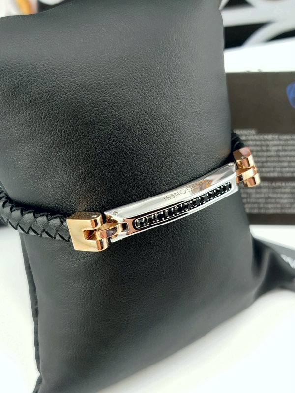 Aragonesi Bracciale Uomo in Pelle e Acciaio 316L con Zirconi Neri e Rubino | Nuovo