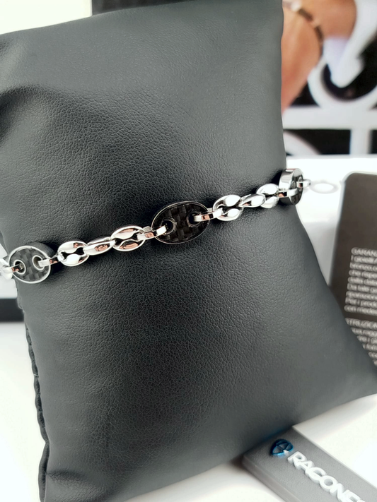 Bracciale Arona Acciaio maglie marinare in acciaio con trattamento a induzione in pvd nero e fibra di carbonio
