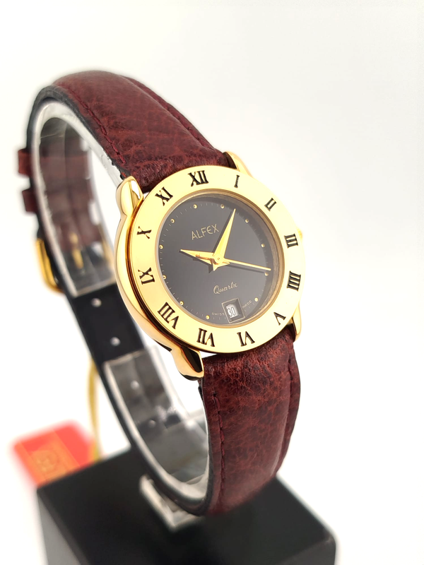 Alfex Quartz Donna – Cassa Gold, Quadrante Nero, Numeri Romani, Swiss Made