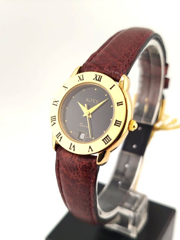 Alfex Quartz Donna – Cassa Gold, Quadrante Nero, Numeri Romani, Swiss Made