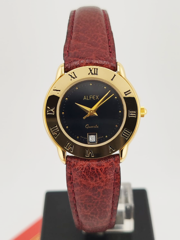 Alfex Quartz Donna – Cassa Gold, Quadrante Nero, Numeri Romani, Swiss Made