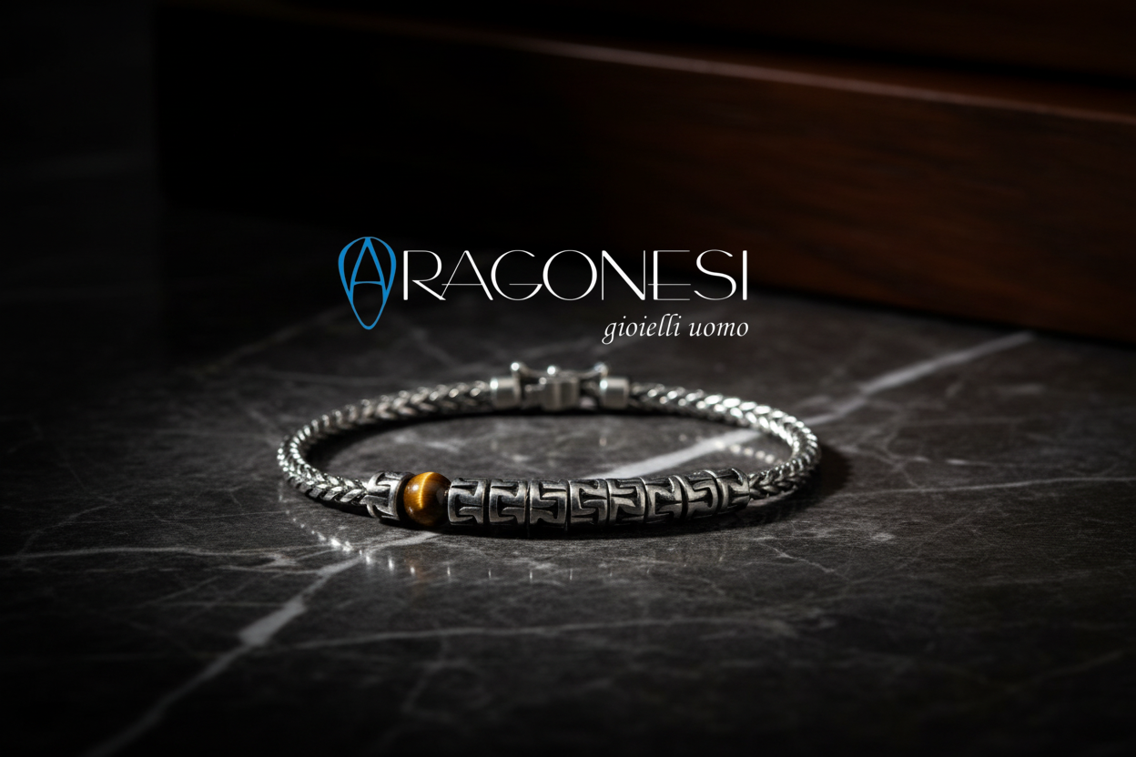 Aragonesi Santiago BR3605 – Bracciale Uomo in Acciaio 316L maglia intrecciata brunita e una sfera in agata occhio di tigre.