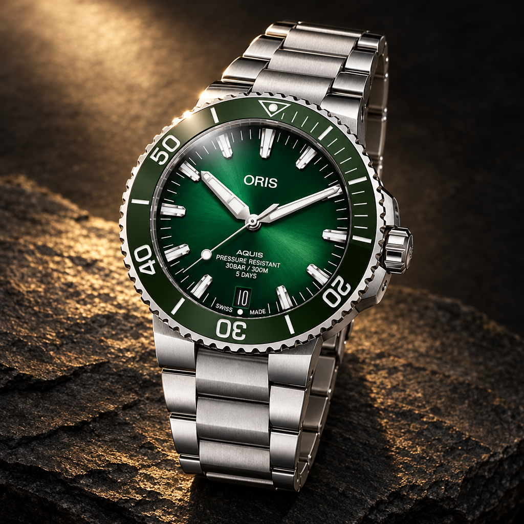Foto promozionale editoriale dell'Oris Aquis verde su superficie scura con luce calda