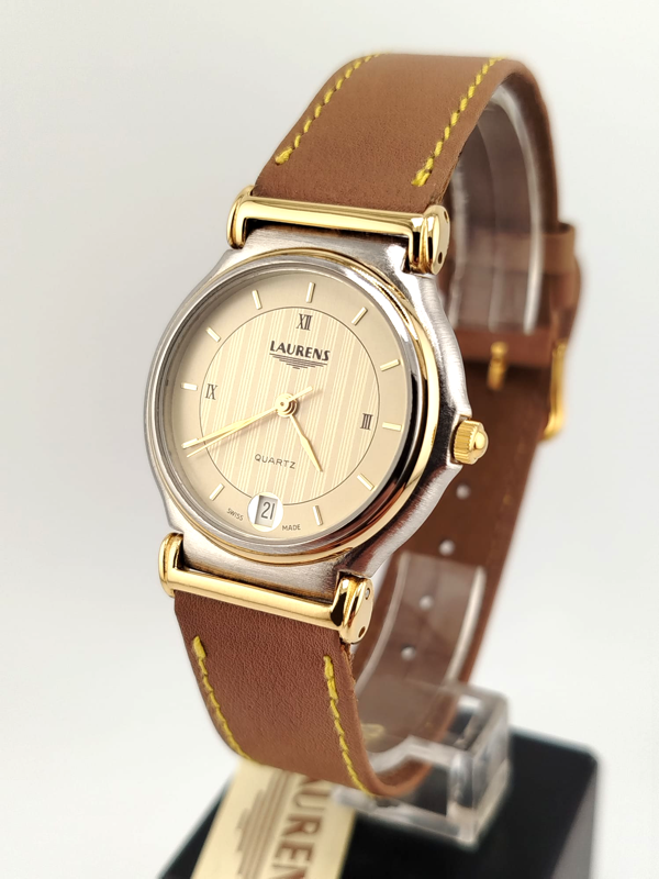 Laurens Orologio Vintage Anni '80 NOS Acciaio Oro 37mm Swiss Made
