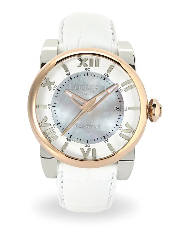 Locman Toscano Automatico 42mm da uomo — Cassa PVD Finiture Rose Gold, Quadrante Bianco Madreperla Ref. 0590V14-0RMWPSW | Nuovo