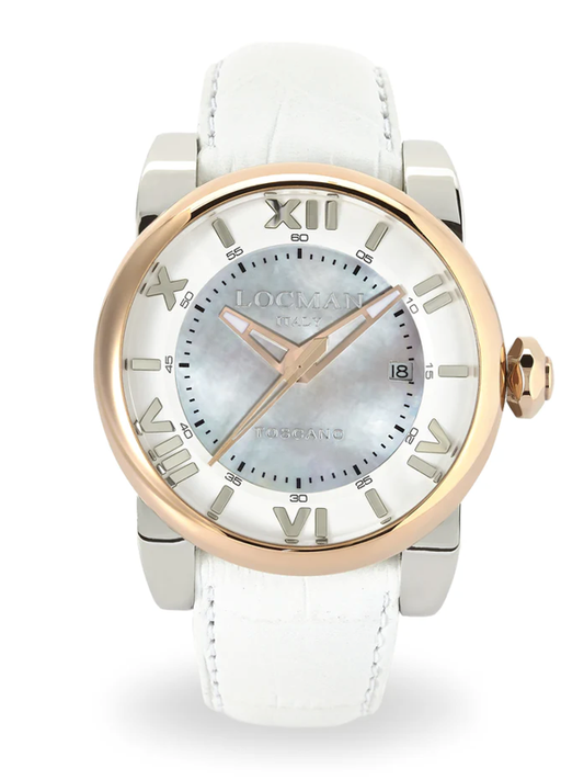 Locman Toscano Automatico 42mm da uomo — Cassa PVD Finiture Rose Gold, Quadrante Bianco Madreperla Ref. 0590V14-0RMWPSW | Nuovo