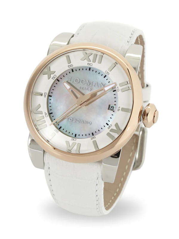 Locman Toscano Automatico 42mm da uomo — Cassa PVD Finiture Rose Gold, Quadrante Bianco Madreperla Ref. 0590V14-0RMWPSW | Nuovo