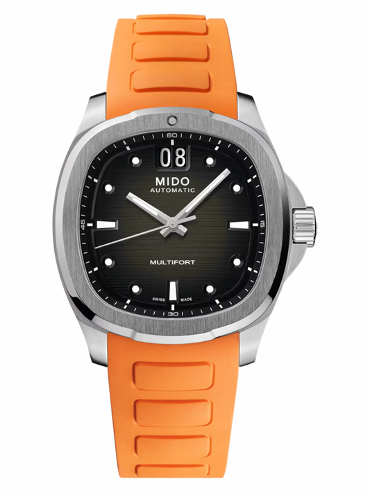 MIDO Multifort TV Big Date – Cassa 40mm, Cinturino Gomma Arancio | Ref. M049.526.17.081.00